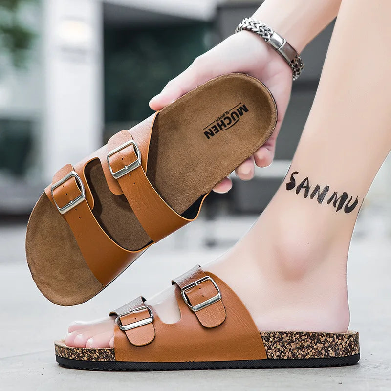 Kidmi Classic Men Cork Sandals Summer Outdoor Beach Sandals Casual Men Double Buckle Slip-On Sandals Vacation Comfort Men Sandal