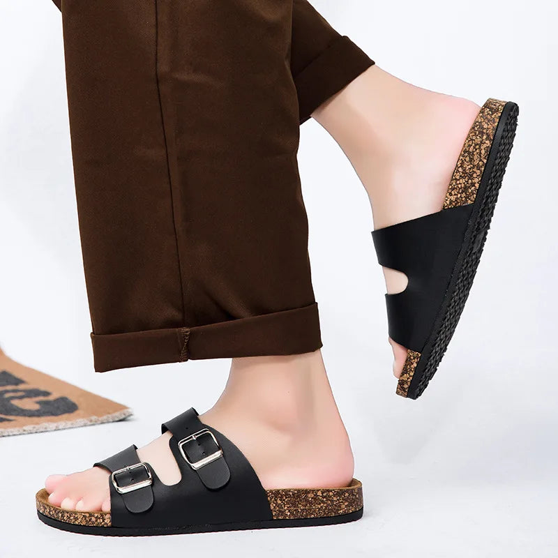 Kidmi Classic Men Cork Sandals Summer Outdoor Beach Sandals Casual Men Double Buckle Slip-On Sandals Vacation Comfort Men Sandal
