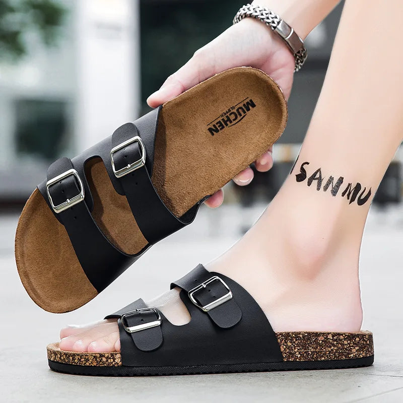 Kidmi Classic Men Cork Sandals Summer Outdoor Beach Sandals Casual Men Double Buckle Slip-On Sandals Vacation Comfort Men Sandal