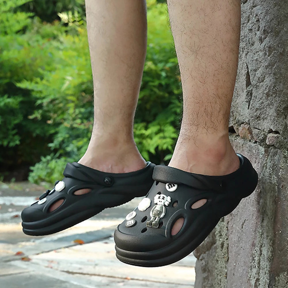 BASATU Men's Beach Sandals Thick Bottom Anti-Slip Outdoor Slippers Ankle Shoes Half Slip-ons Shoes Summer Men Hole Garden Sandal